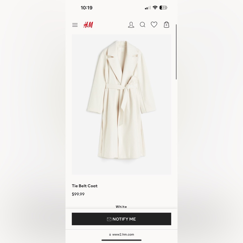 H&M Women’s Large Tie-Belt White Cream Coat